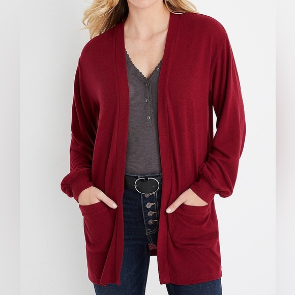 Maurices Red Blouson Sleeve Pocket Open Front Plush Cardigan Xsmall Women’s - Picture 1 of 11